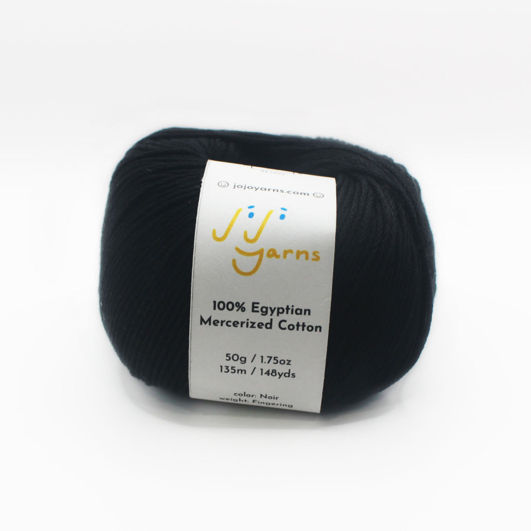 100% Egyptian Mercerized Cotton Yarn in Noir Fingering Weight (Black)