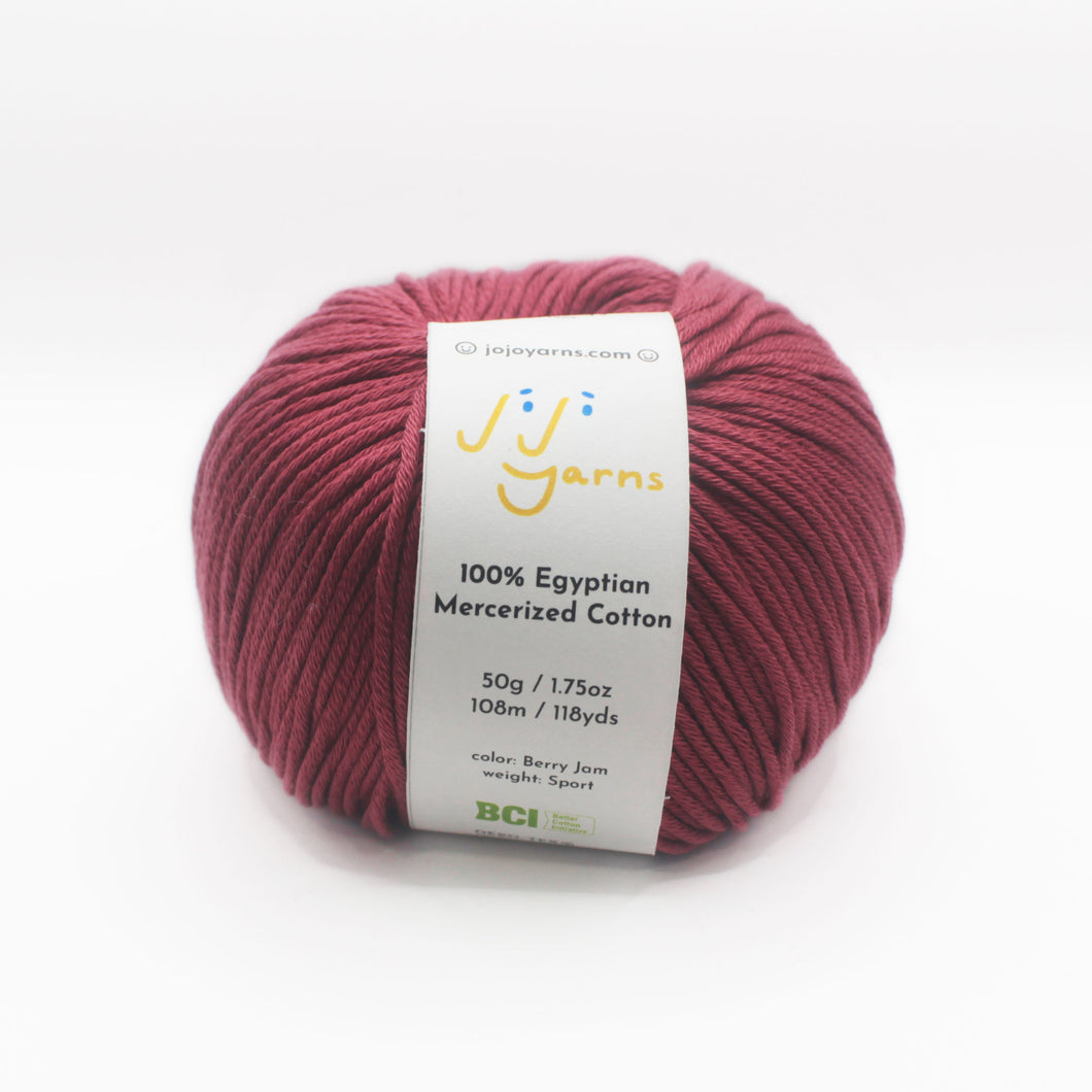 100% Egyptian Mercerized Cotton Yarn in Berry Jam Sport Weight (Red)