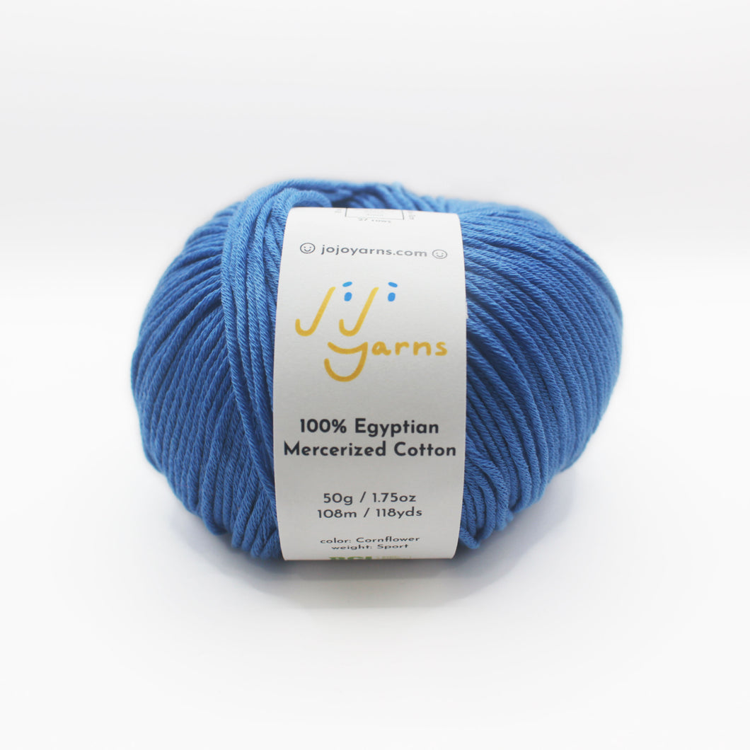 100% Egyptian Mercerized Cotton Yarn in Cornflower Sport Weight (Blue)