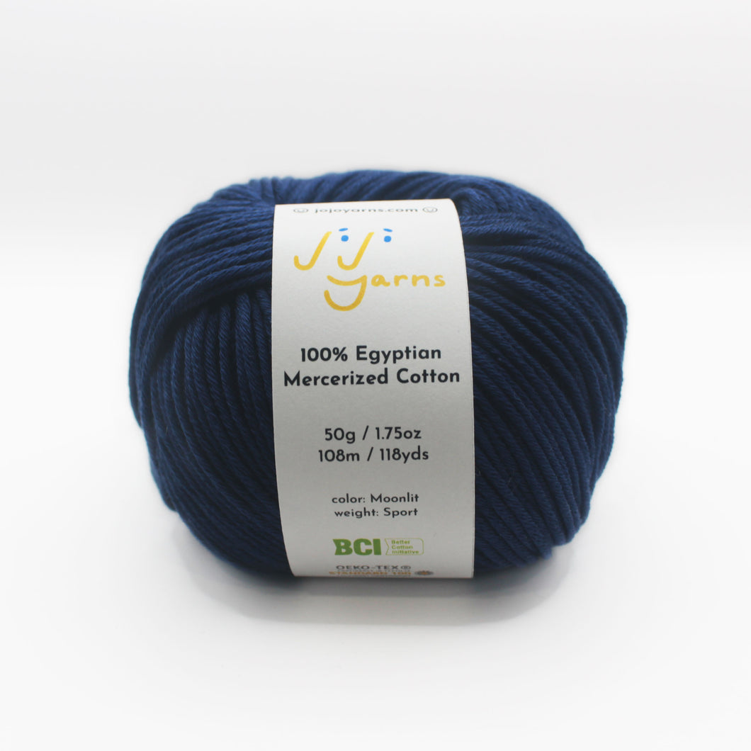 100% Egyptian Mercerized Cotton Yarn in Moonlit Sport Weight (Dark Blue)