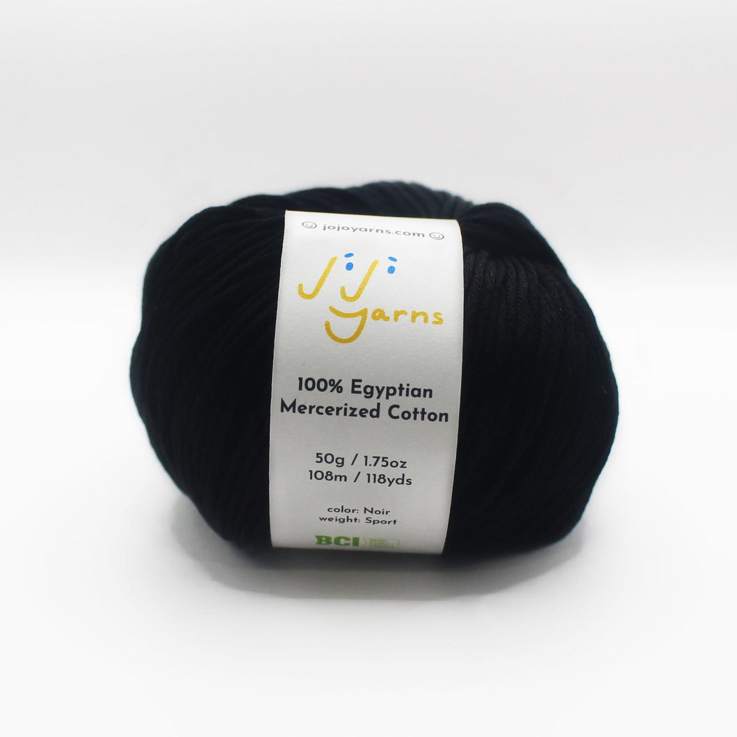 100% Egyptian Mercerized Cotton Yarn in Noir Sport Weight (Black)